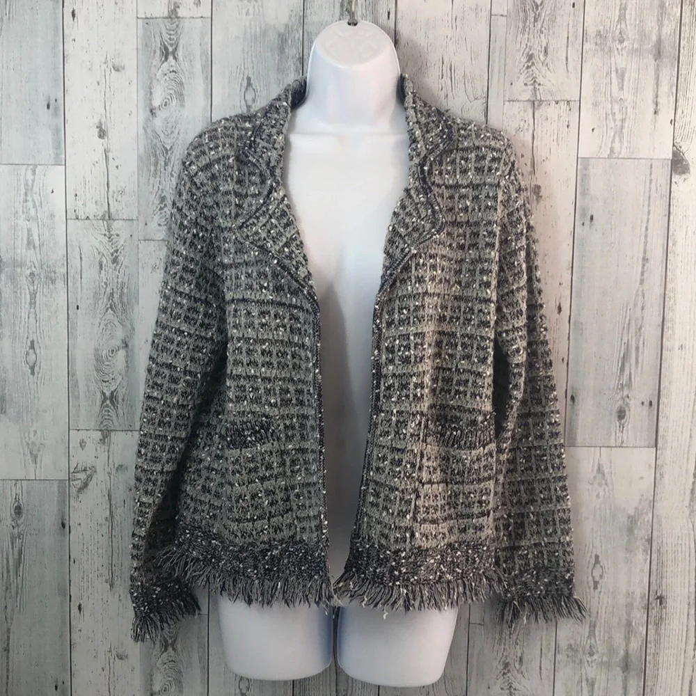 Sioni Nubby Knit Open Front Fringed Cardigan Medium
